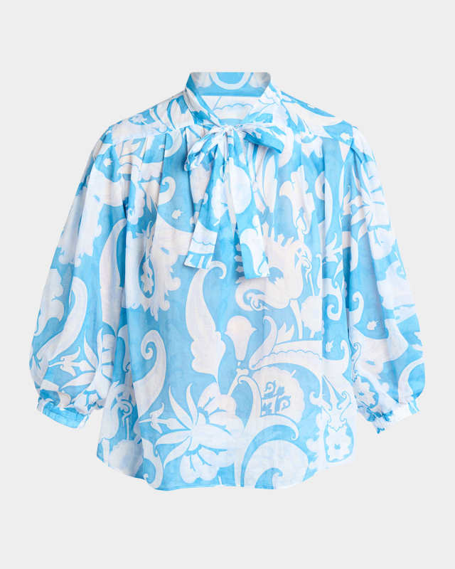 Summer Paisley Cotton Voile Tie-Neck Blouse